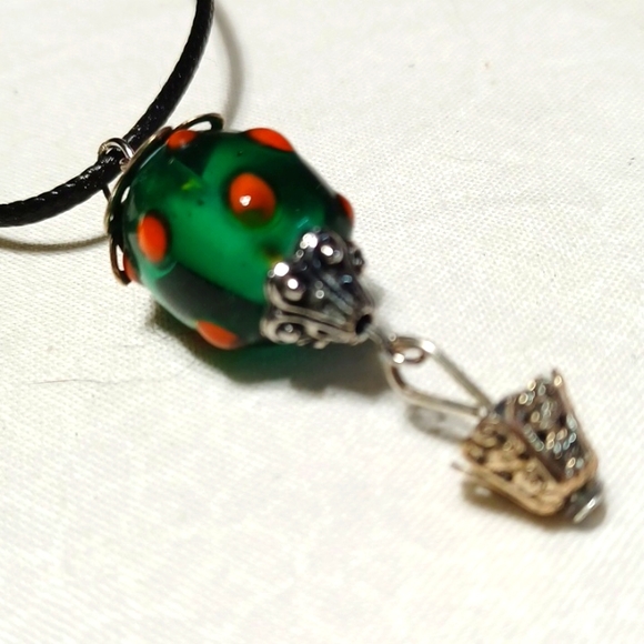 Hot air balloon pendant silver green orange aqua vintage style lampwork handmade - Picture 2 of 5